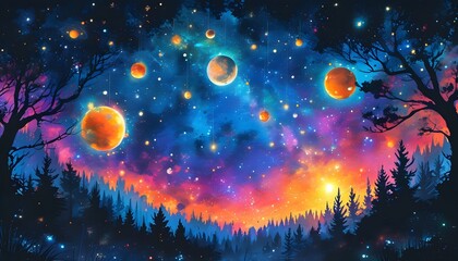 Wall Mural - Enchanted Night Sky with Vibrant Planets and Stars Over a Silhouetted Forest