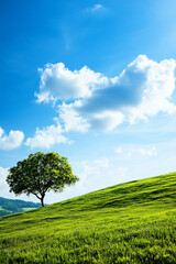 A serene landscape featuring a lone tree on a green hill under a bright blue sky with fluffy clouds, evoking peace and nature.