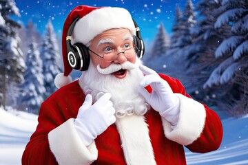 Playful Santa Claus Enjoying Holiday Tunes with Stylish Headphones in a Vibrant Winter Scene