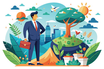 A businessman stands confidently in a city surrounded by nature, showcasing the harmony between profit and ethics, Business ethics: nature vs. profit, illustrated flatly.