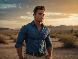 A man with blue eyes stands confidently in a desert landscape during sunset, showcasing rugged outdoor fashion and natural beauty.