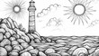 © Thiago - Lighthouse landscape coloring page for adults - serene mountain and ocean scenery with sun, rocks, and zentangle patterns for relaxation and creativity. Zentangle. Illustration