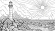 © Thiago - Lighthouse landscape coloring page for adults - serene mountain and ocean scenery with sun, rocks, and zentangle patterns for relaxation and creativity. Zentangle. Illustration