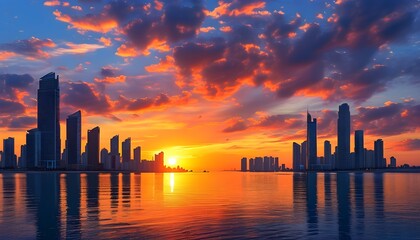 Canvas Print - Serene urban seascape with modern city skyline silhouetted against a stunning sunset, skyscrapers reflecting in tranquil ocean waters