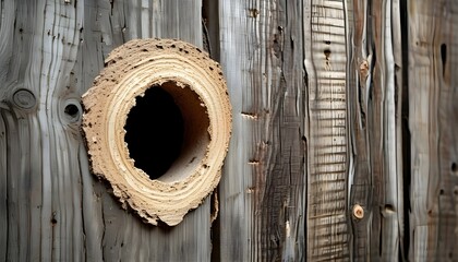 Rustic charm of an aged wooden wall featuring a perfectly drilled hole