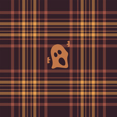 Halloween vector pattern with plaid stripes and pumpkins, spooky ghosts, and scary ornaments. Ideal for autumn background, textile, fabric, party decor, greeting cards, posters, or tiled wallpaper.