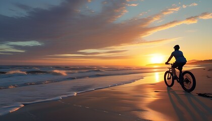 Wall Mural - Cyclist Silhouette Riding on Sandy Beach at Sunset, Embracing Fitness and Freedom