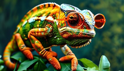 Chameleon in trendy orange sunglasses blending seamlessly into lush green foliage, showcasing vibrant reptilian allure against a natural backdrop