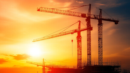 Silhouette of construction cranes against a vibrant sunset, symbolizing industry growth and urban development.