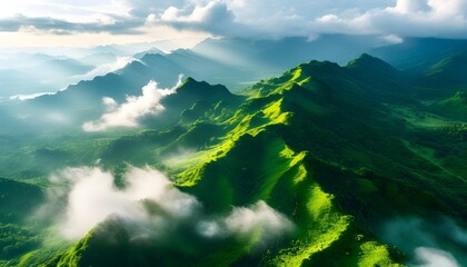 Wall Mural - Majestic aerial landscape of lush green mountains embraced by clouds and illuminated by sunlight breaking through the mist