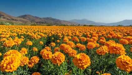 vibrant field of bright orange and yellow marigolds stretching out under a clear blue sky