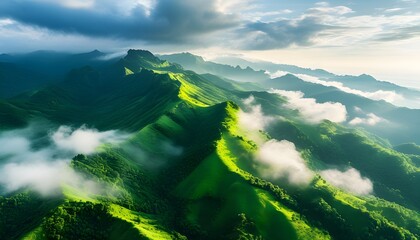 Wall Mural - Majestic aerial landscape of lush green mountains embraced by clouds and illuminated by sunlight breaking through the mist