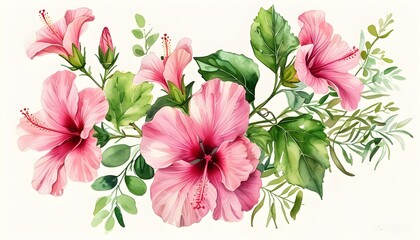 Wall Mural - Elegant watercolor depiction of pink hibiscus flowers intertwined with lush green leaves for captivating home decor and botanical art.