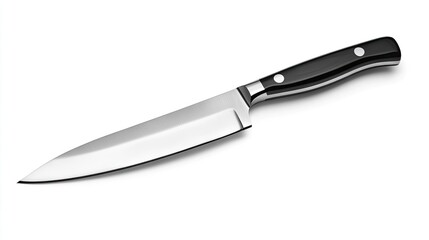 Modern, large kitchen knife isolated on a white background, with its shiny blade and well-designed handle in full view.