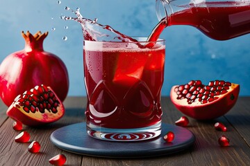 Pomegranate Juice Delight Luxurious Ruby Beverage with Refreshing Waves and Droplets