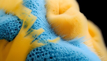 Detailed view of fabric fibers undergoing cleaning with a sponge in a macro perspective.