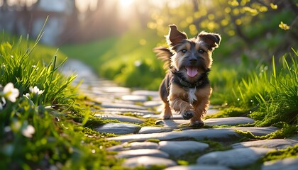 Wall Mural - Joyful terrier exploring a sunlit cobblestone path on a fresh spring morning surrounded by green grass and a softly blurred background