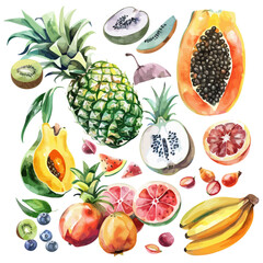 Wall Mural - watercolor tropical fruits set isolated on a white background, mango, avocado, watermelon, pineapple, orange, banana,, monster leaves, coconuts, kiwi, grape, strawberry, papaya