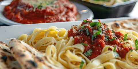 Poster - Pasta served with tomato sauce and flatbread