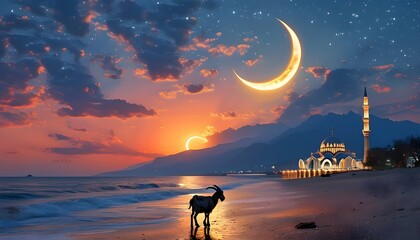 Wall Mural - Serene beach silhouette featuring crescent moon, goat, and mosque against a vibrant sunset sky