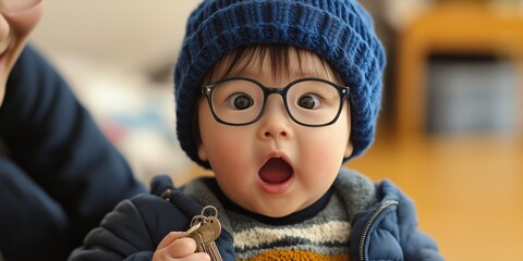 Wall Mural - A baby wearing a blue hat and glasses is holding a key in its hand. The baby has wide eyes and he is surprised or excited