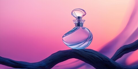 A bottle of perfume is sitting on a branch. The bottle is clear and has a blue and purple background