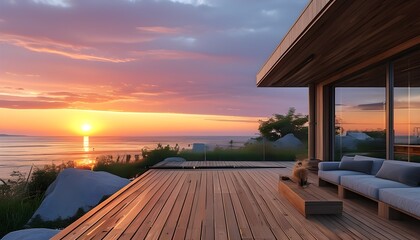 Wall Mural - Stunning outdoor deck bathed in warm sunset glow, showcasing natures beauty and tranquility with a hint of modern design