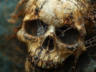 Sticker - Close Up of a Weathered Skull with Cobwebs