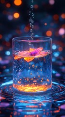 Wall Mural - Water Drops Falling on a Flower in a Glass