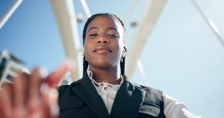 Poster - Business, black woman and pov of scroll in city for text, message or notification on company email. Low angle, face and female worker outdoors with gesture for digital communication, research or info