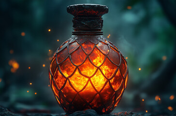 Fiery Red Potion Bubbling with Sparks in a Small Vial: Magical Elixir for Dynamic Energy