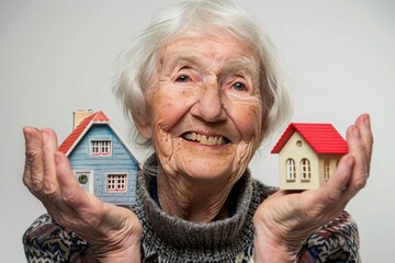 A woman holding a small house in her hands