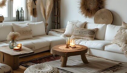 Cozy modern boho living room with white sofa, decorative pillows, wooden table adorned with candles and natural accents