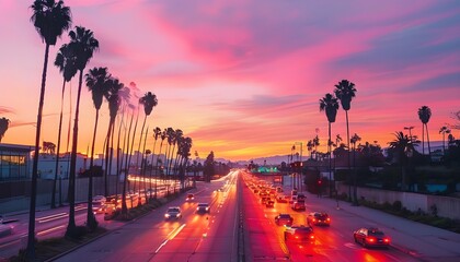 Los Angeles street bathed in pink sunset light