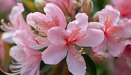 Wall Mural - Intimate close-up of pink flower showcasing large stamens and delicate petals