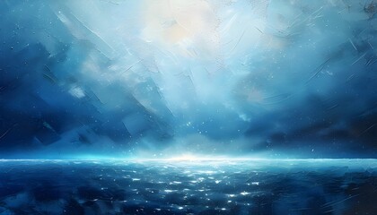 Wall Mural - Vibrant Gradient Blue Sea and Sky Abstract Background with Bright Light, Glowing Effects, and Grainy Texture