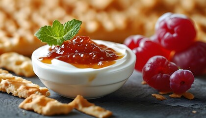 Wall Mural - Delicious closeup of creamy yoghurt topped with vibrant jam against a blurred background