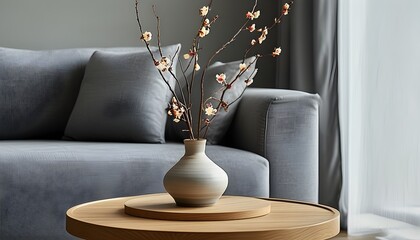 Wall Mural - Minimalist living room with ceramic vase and blossom twigs on wooden coffee table, complemented by grey sofa and natural light from window