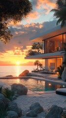 Wall Mural - Contemporary beach house with breathtaking sunset views and oceanfront access wallpaper