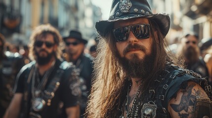 A man with a long beard and a hat stands in front of a crowd of people