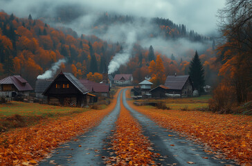 Wall Mural - Village Secrets: Deserted Road Through a Small Hamlet with Ground Covered in Leaves