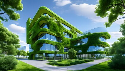 Wall Mural - Futuristic Green Office Architecture with Panoramic Vistas Enhanced by Generative AI