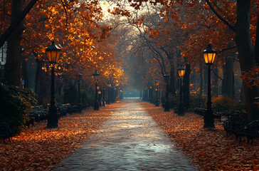 Wall Mural - Autumnal Tranquility: Empty Park Road Covered with Brown Leaves