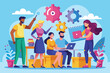 © Ifti Digital - A group of professionals actively discussing ideas while working on laptops and digital devices together, Collaborate on work projects, flat Illustration