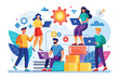 © Ifti Digital - A group of diverse individuals collaborates in a bright, modern environment, sharing ideas and technology, Collaboration and teamwork illustrated in a flat design.
