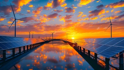 Wall Mural - Sustainable energy landscape with solar panels and wind turbines under a vibrant sunset sky promoting renewable power for an eco-friendly future