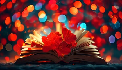 Wall Mural - Enchanting Open Book Surrounded by Colorful Defocused Lights and Red Floral Accents, Creating a Warm Holiday Atmosphere with a Magical Bokeh Effect