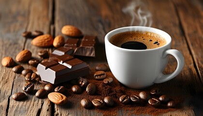 Wall Mural - Elegant Monochrome Coffee Arrangement Featuring Black Coffee, Almond Chocolate, and Coffee Beans on Rustic Wooden Table