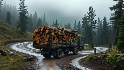 A truck carrying large load of freshly cut logs on a winding dirt road through a forested mountain landscape on a rainy, misty day  created with generative ai.