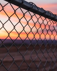 a chain linked fence that is next to the sunsets sky in the background and sun down, (24)